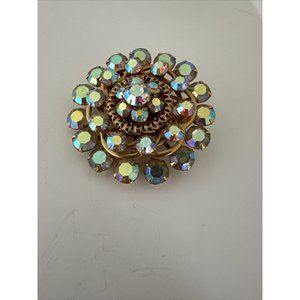 Vintage AB Aurora Borealis Crystal  & Rhinestones Brooch / Pendant Gold Tone